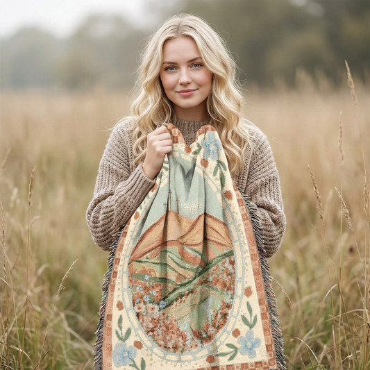 Spring Floral Cross Woven Blanket — Easter Landscape Cross & Floral Throw