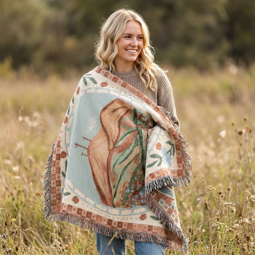 Spring Floral Cross Woven Blanket — Easter Landscape Cross & Floral Throw