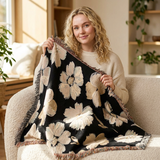 Black & White Painted Floral Woven Blanket — Monochrome Floral Throw