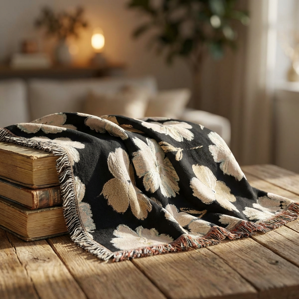 Black & White Painted Floral Woven Blanket — Monochrome Floral Throw