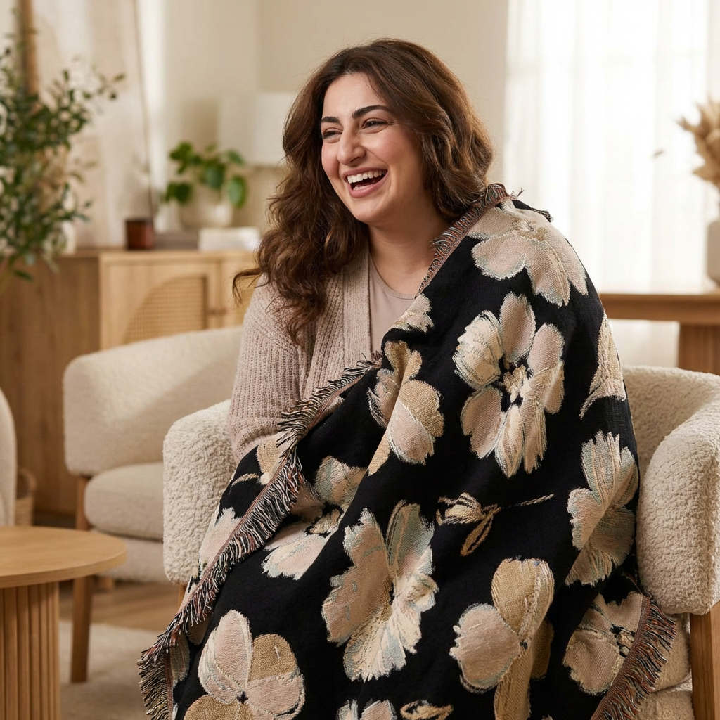 Black & White Painted Floral Woven Blanket — Monochrome Floral Throw