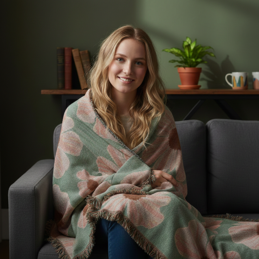 Vintage Retro Floral Woven Blanket — Pink Flowers on Green Background, Cozy Throw for Bedroom & Living Room
