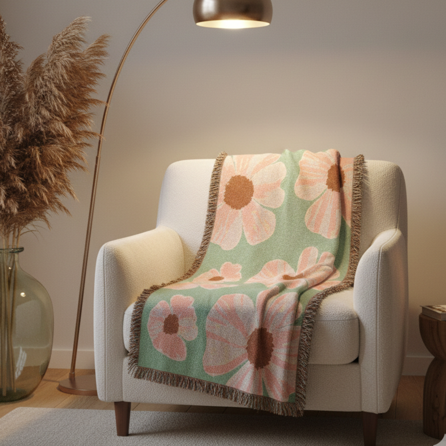 Vintage Retro Floral Woven Blanket — Pink Flowers on Green Background, Cozy Throw for Bedroom & Living Room