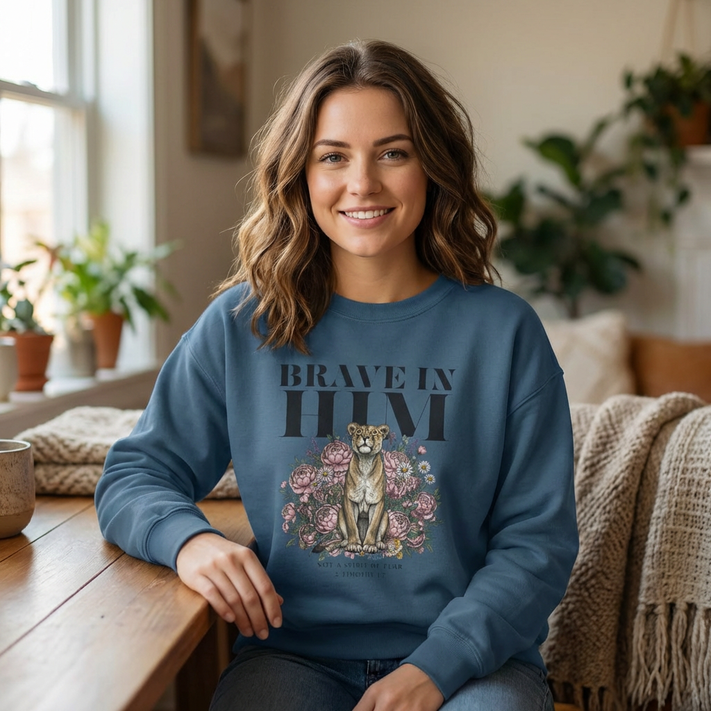 "brave in him" Crewneck Sweatshirt — Inspirational Men's Graphic Sweatshirt