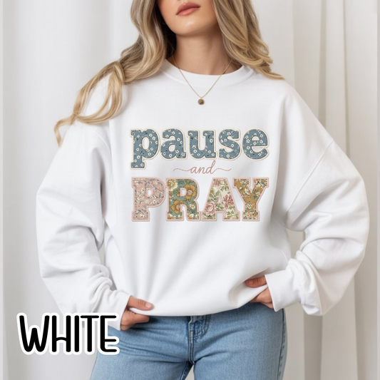 Pause and Pray Feux Patchwork Floral Scripture Crewneck • Vintage Cottagecore Christian Apparel for Women • Feminine Faith Aesthetic sweatshirt