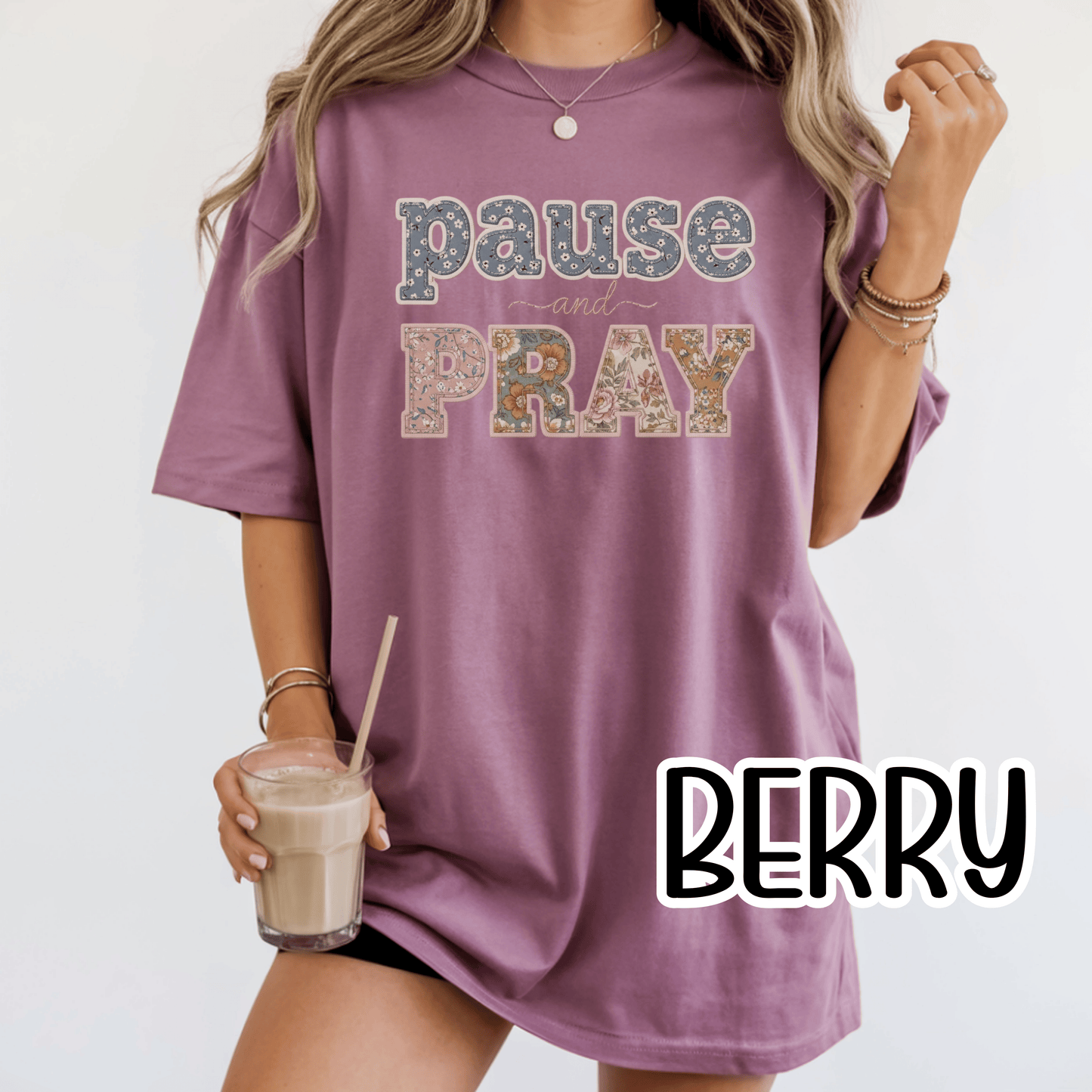 Pause and Pray Feux Patchwork Floral Scripture Tshirt • Vintage Cottagecore Christian Apparel for Women • Feminine Faith Aesthetic Tee