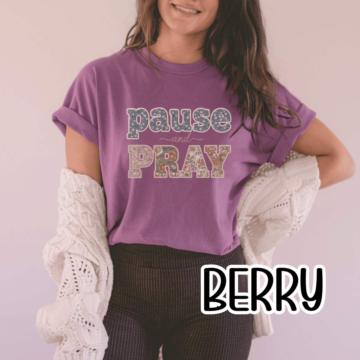 Pause and Pray Feux Patchwork Floral Scripture Tshirt • Vintage Cottagecore Christian Apparel for Women • Feminine Faith Aesthetic Tee