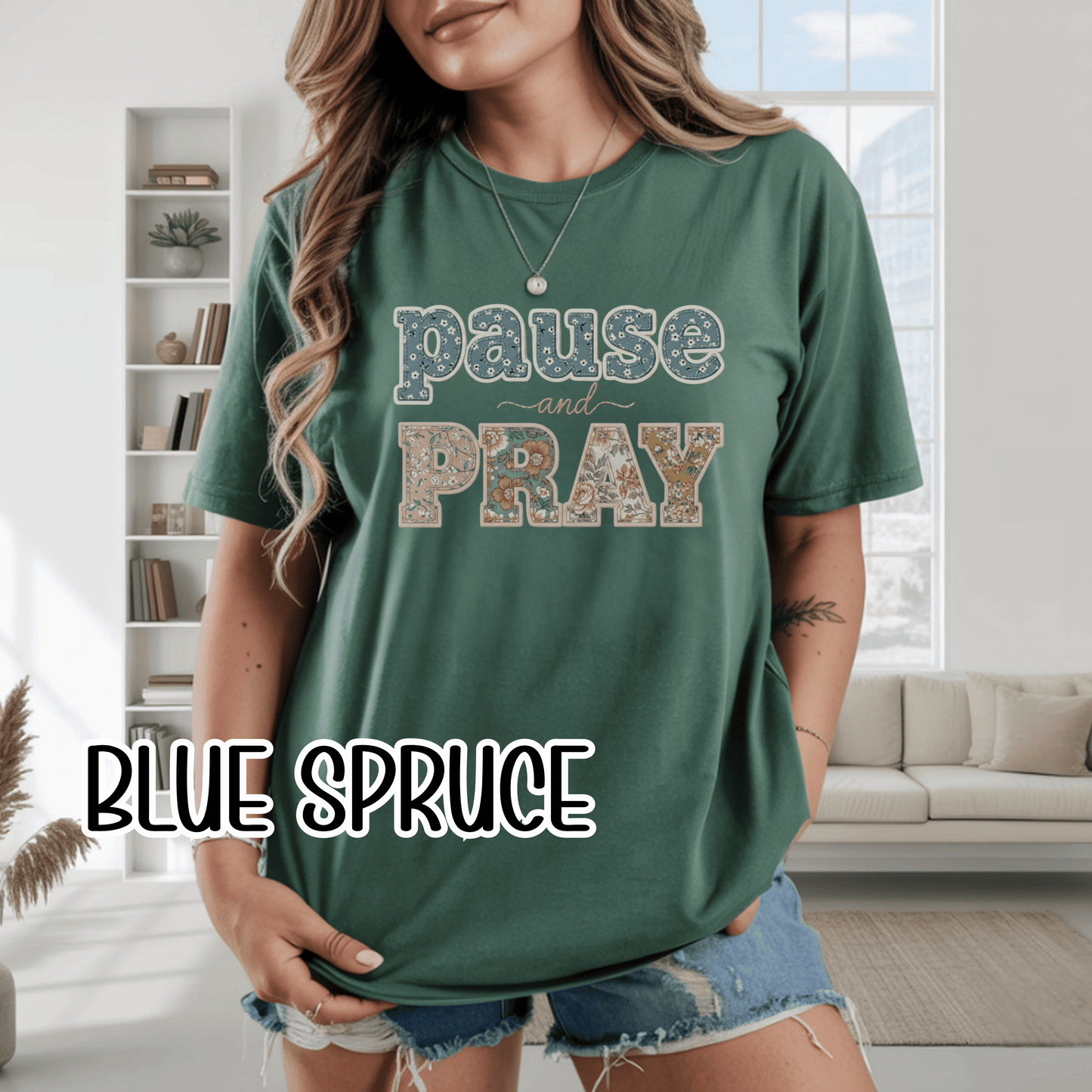 Pause and Pray Feux Patchwork Floral Scripture Tshirt • Vintage Cottagecore Christian Apparel for Women • Feminine Faith Aesthetic Tee