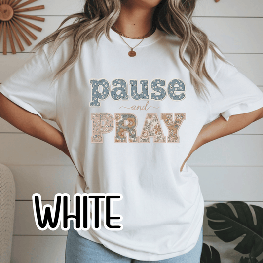 Pause and Pray Feux Patchwork Floral Scripture Tshirt • Vintage Cottagecore Christian Apparel for Women • Feminine Faith Aesthetic Tee