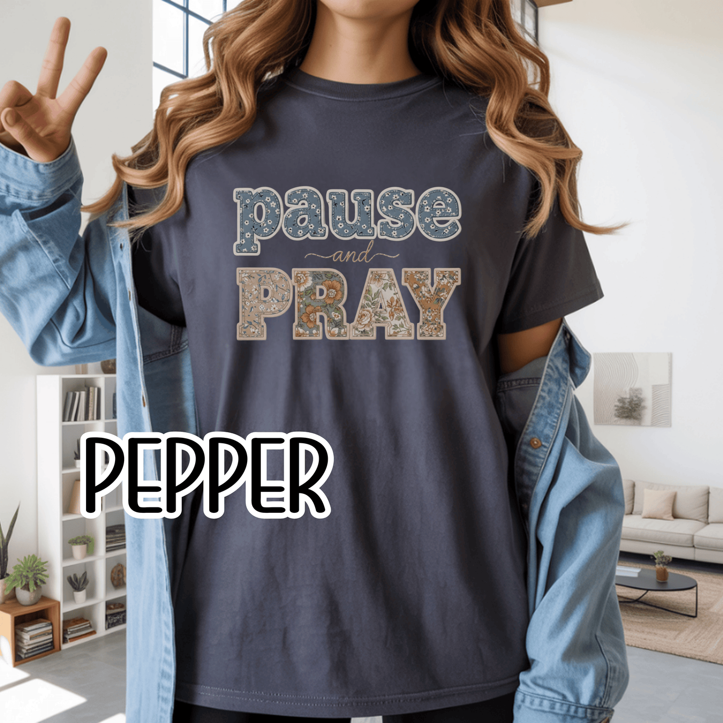 Pause and Pray Feux Patchwork Floral Scripture Tshirt • Vintage Cottagecore Christian Apparel for Women • Feminine Faith Aesthetic Tee