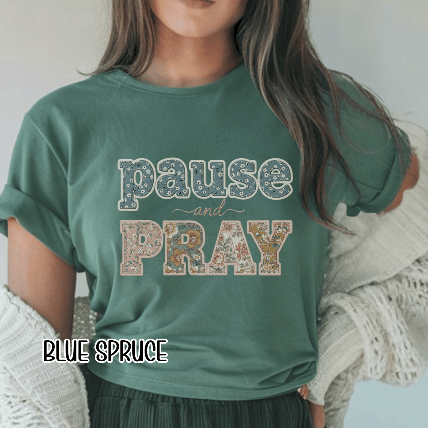 Pause and Pray Feux Patchwork Floral Scripture Tshirt • Vintage Cottagecore Christian Apparel for Women • Feminine Faith Aesthetic Tee
