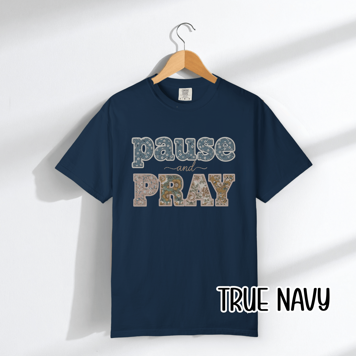Pause and Pray Feux Patchwork Floral Scripture Tshirt • Vintage Cottagecore Christian Apparel for Women • Feminine Faith Aesthetic Tee