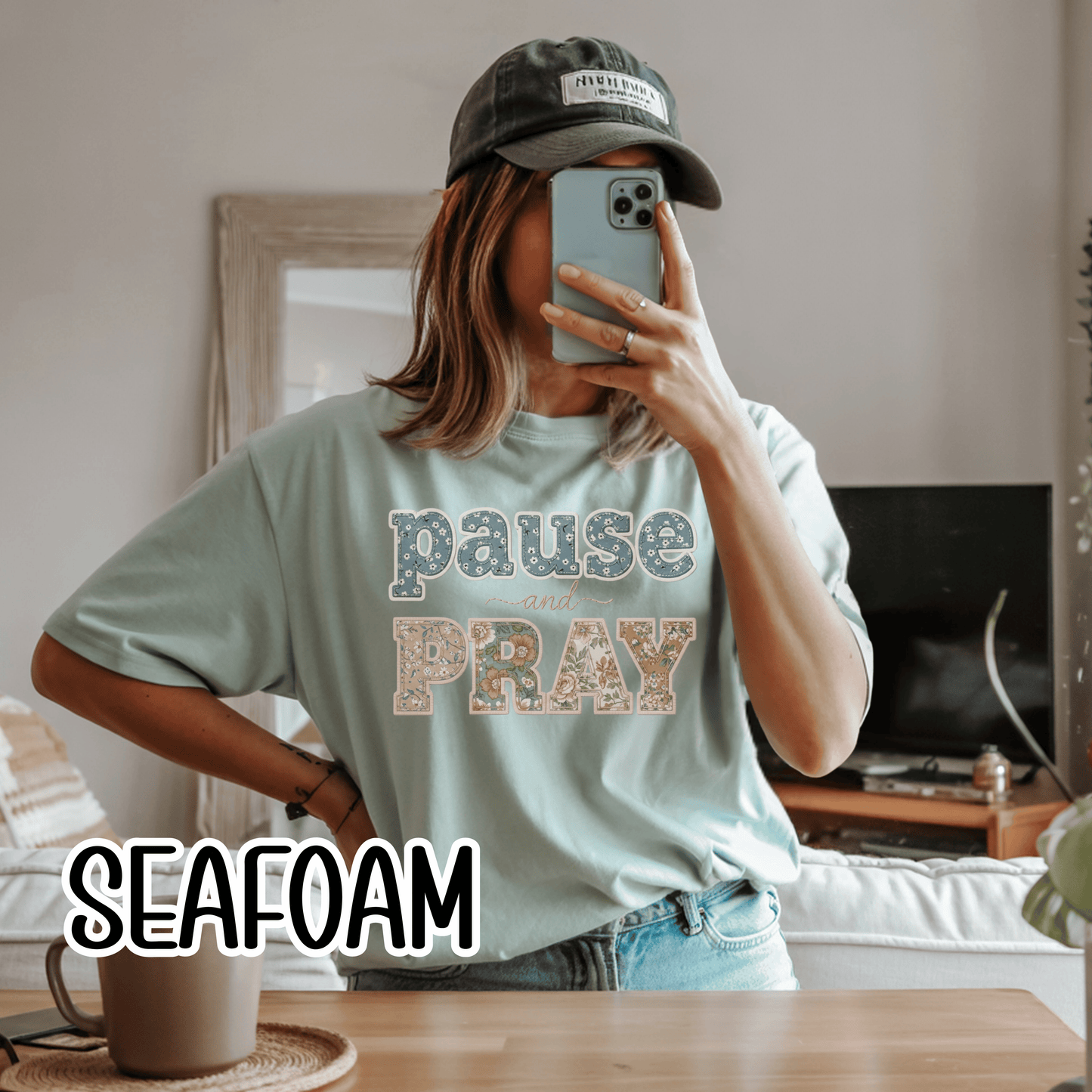 Pause and Pray Feux Patchwork Floral Scripture Tshirt • Vintage Cottagecore Christian Apparel for Women • Feminine Faith Aesthetic Tee