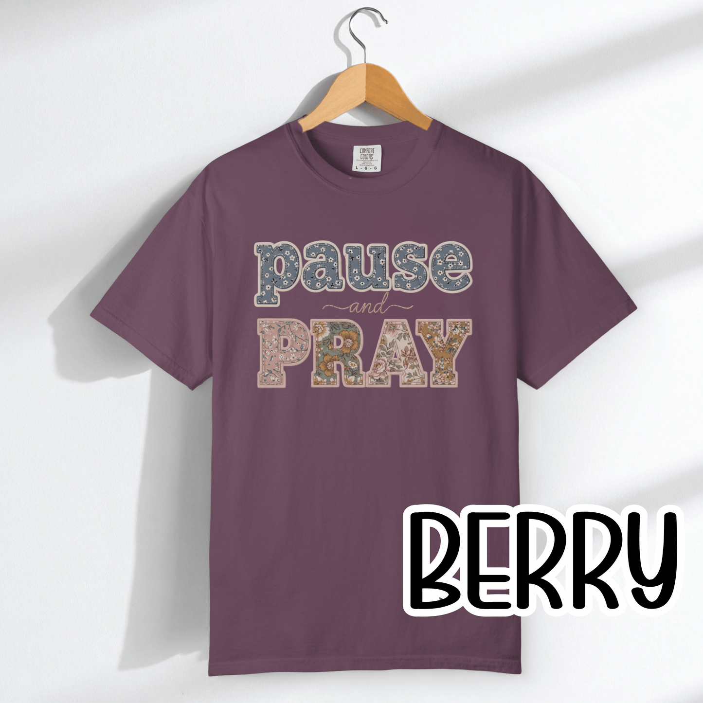 Pause and Pray Feux Patchwork Floral Scripture Tshirt • Vintage Cottagecore Christian Apparel for Women • Feminine Faith Aesthetic Tee