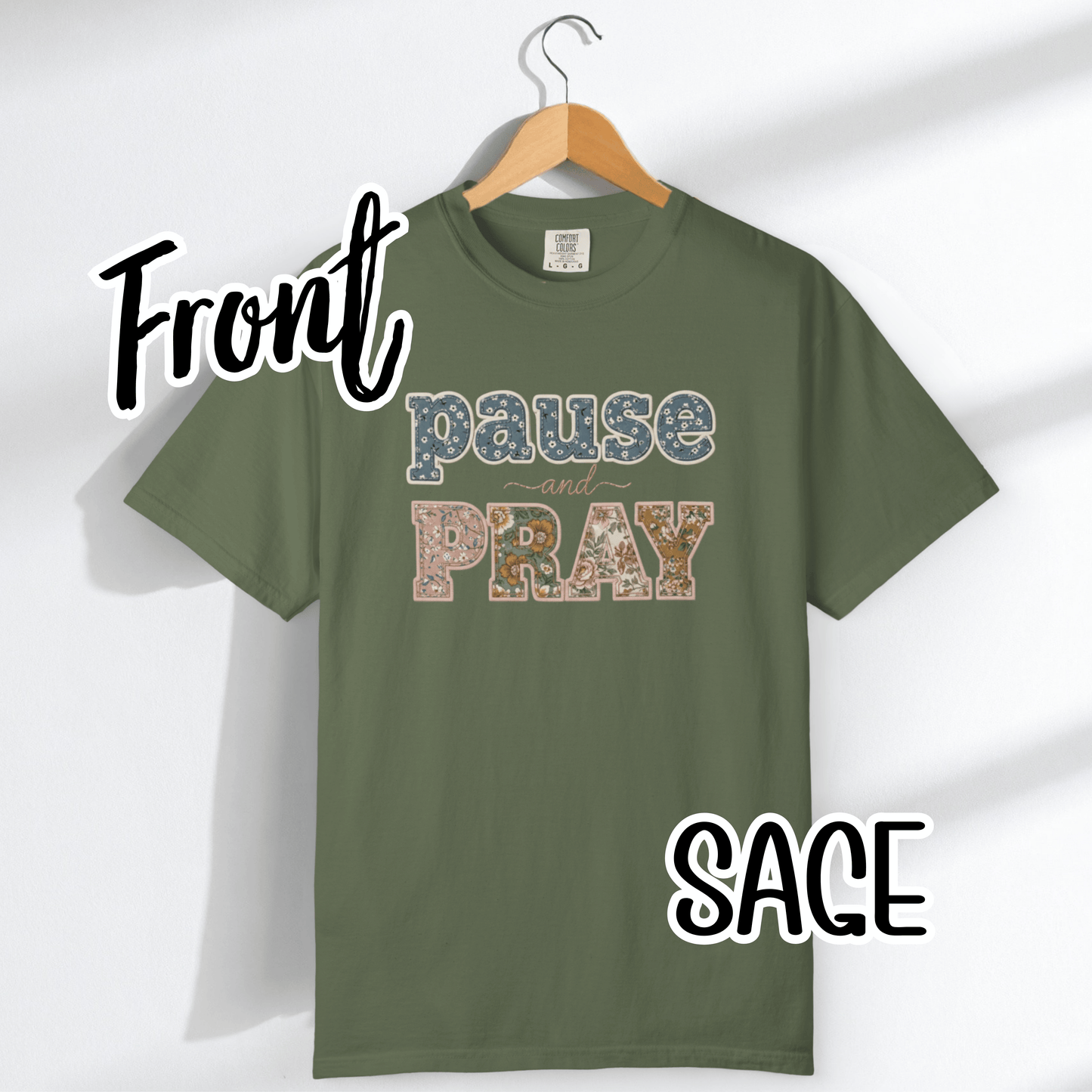 Pause and Pray Feux Patchwork Floral Scripture Tshirt • Vintage Cottagecore Christian Apparel for Women • Feminine Faith Aesthetic Tee