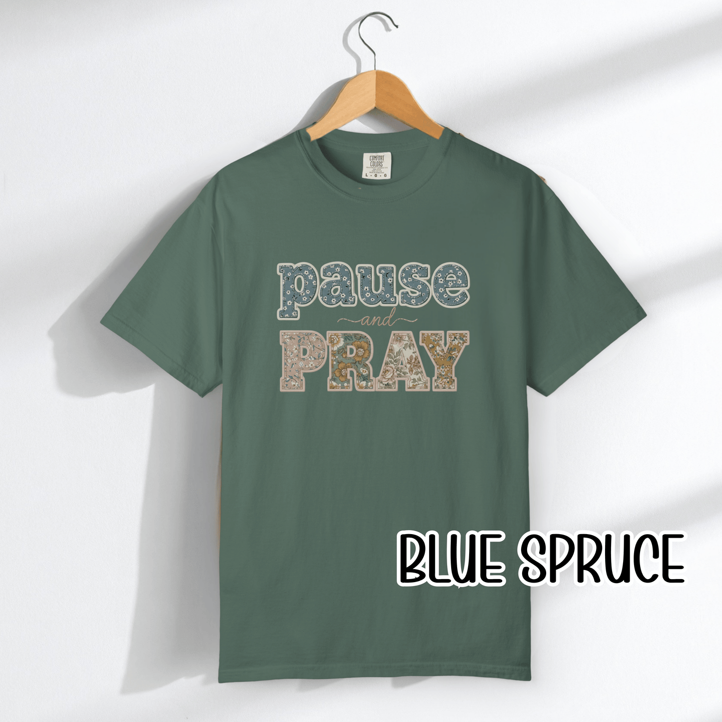 Pause and Pray Feux Patchwork Floral Scripture Tshirt • Vintage Cottagecore Christian Apparel for Women • Feminine Faith Aesthetic Tee