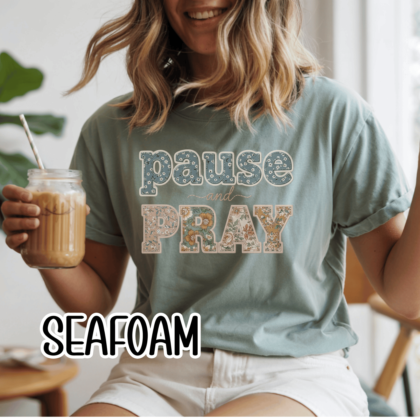 Pause and Pray Feux Patchwork Floral Scripture Tshirt • Vintage Cottagecore Christian Apparel for Women • Feminine Faith Aesthetic Tee