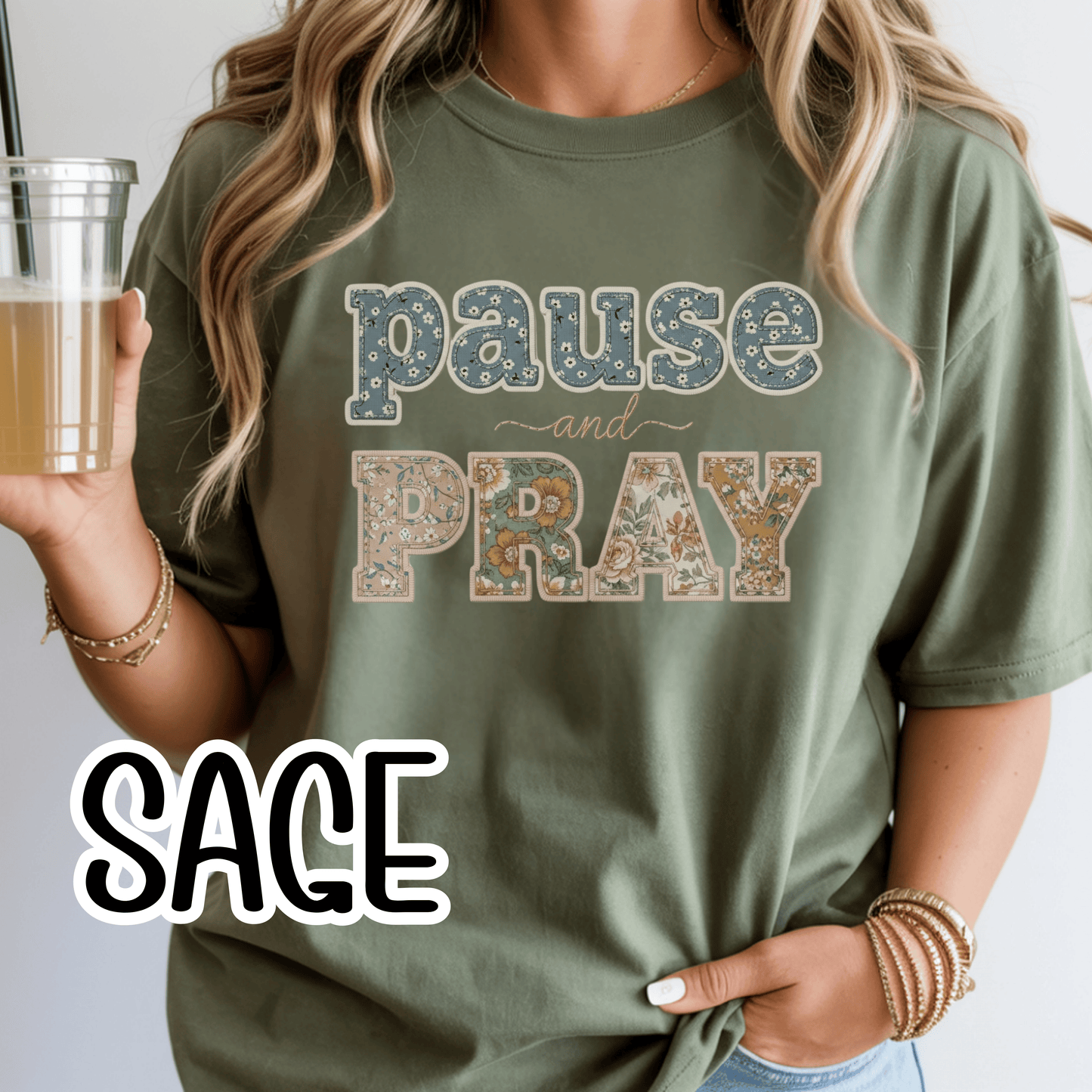 Pause and Pray Feux Patchwork Floral Scripture Tshirt • Vintage Cottagecore Christian Apparel for Women • Feminine Faith Aesthetic Tee