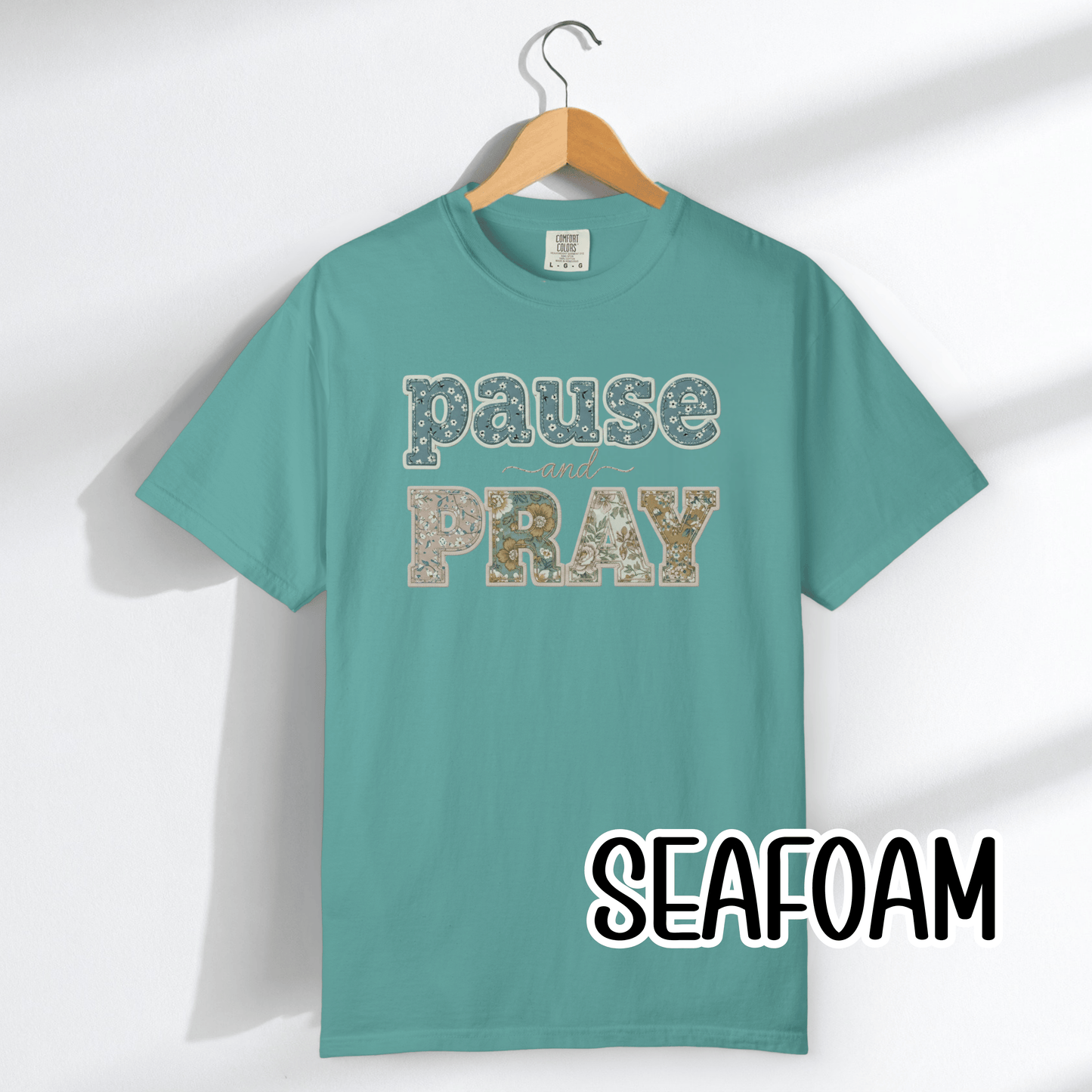 Pause and Pray Feux Patchwork Floral Scripture Tshirt • Vintage Cottagecore Christian Apparel for Women • Feminine Faith Aesthetic Tee