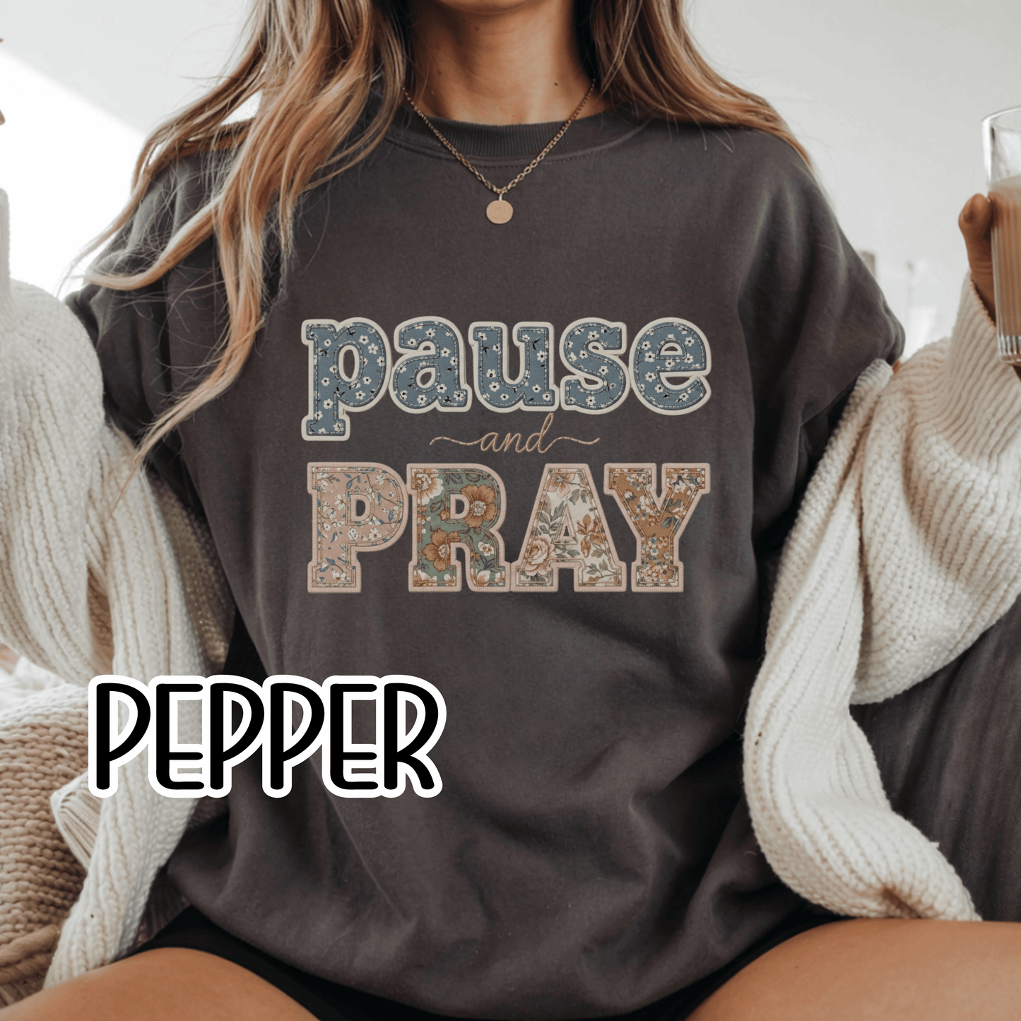 Pause and Pray Feux Patchwork Floral Scripture Tshirt • Vintage Cottagecore Christian Apparel for Women • Feminine Faith Aesthetic Tee