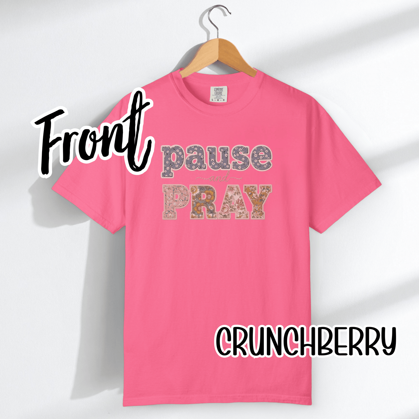 Pause and Pray Feux Patchwork Floral Scripture Tshirt • Vintage Cottagecore Christian Apparel for Women • Feminine Faith Aesthetic Tee