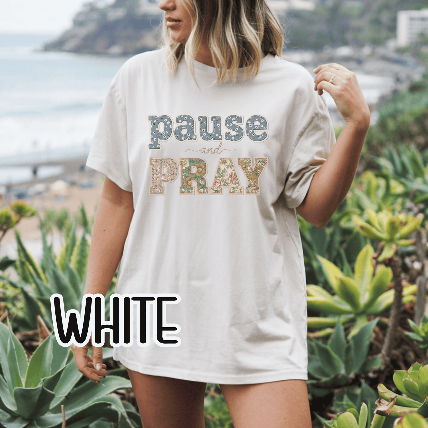 Pause and Pray Feux Patchwork Floral Scripture Tshirt • Vintage Cottagecore Christian Apparel for Women • Feminine Faith Aesthetic Tee