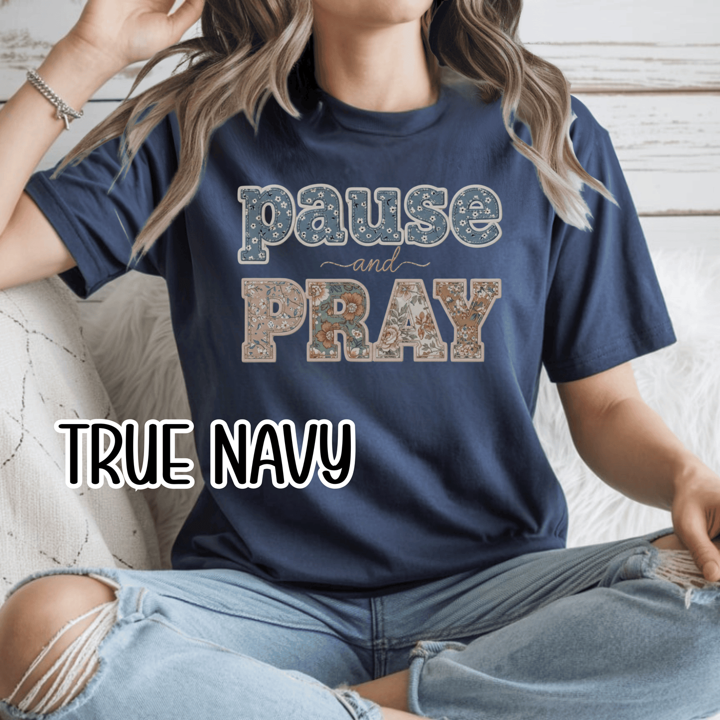 Pause and Pray Feux Patchwork Floral Scripture Tshirt • Vintage Cottagecore Christian Apparel for Women • Feminine Faith Aesthetic Tee