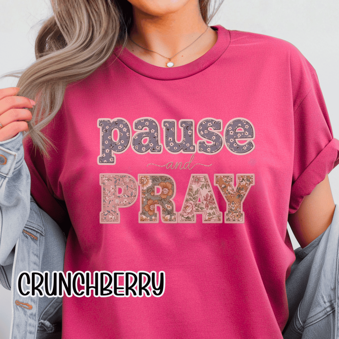 Pause and Pray Feux Patchwork Floral Scripture Tshirt • Vintage Cottagecore Christian Apparel for Women • Feminine Faith Aesthetic Tee