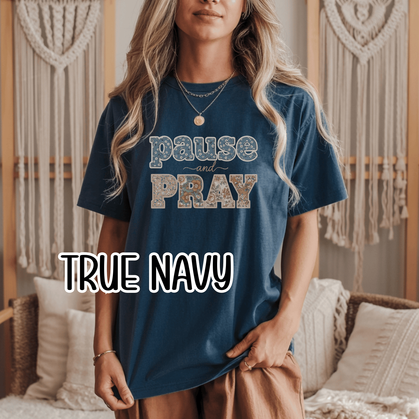 Pause and Pray Feux Patchwork Floral Scripture Tshirt • Vintage Cottagecore Christian Apparel for Women • Feminine Faith Aesthetic Tee