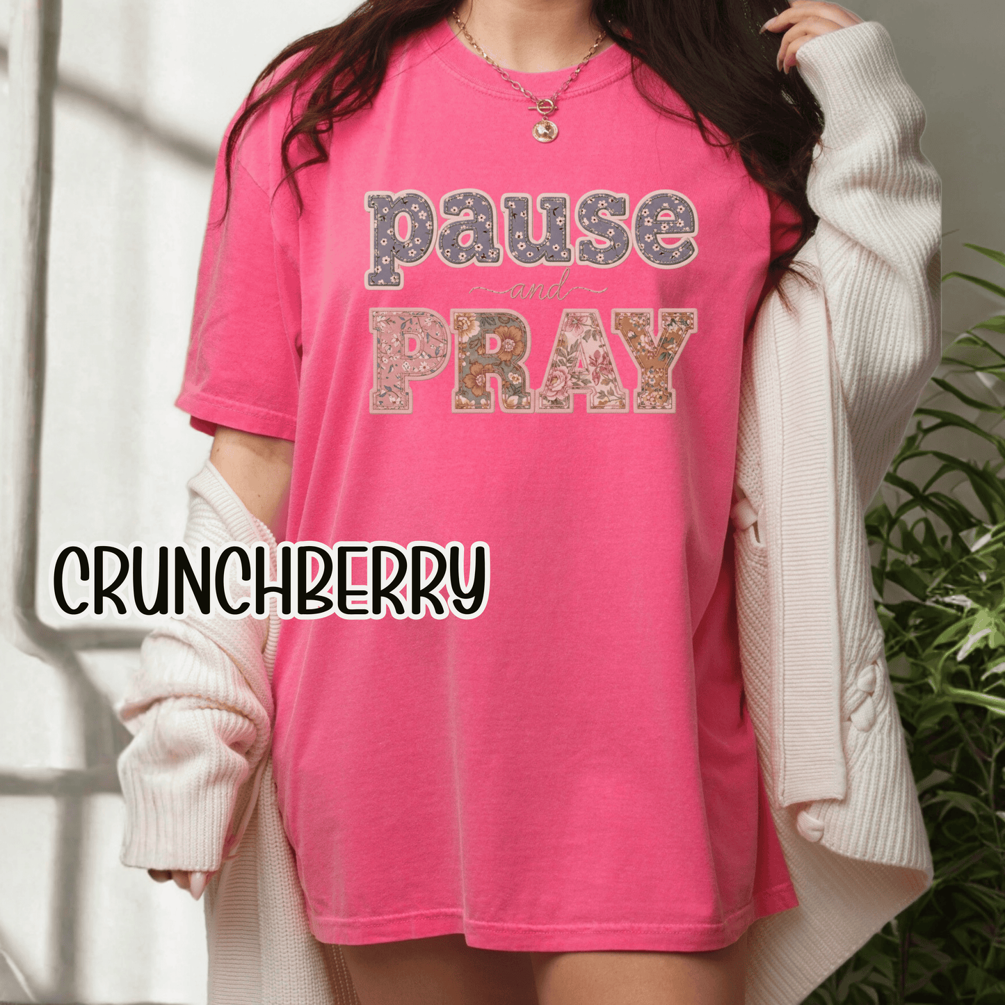 Pause and Pray Feux Patchwork Floral Scripture Tshirt • Vintage Cottagecore Christian Apparel for Women • Feminine Faith Aesthetic Tee