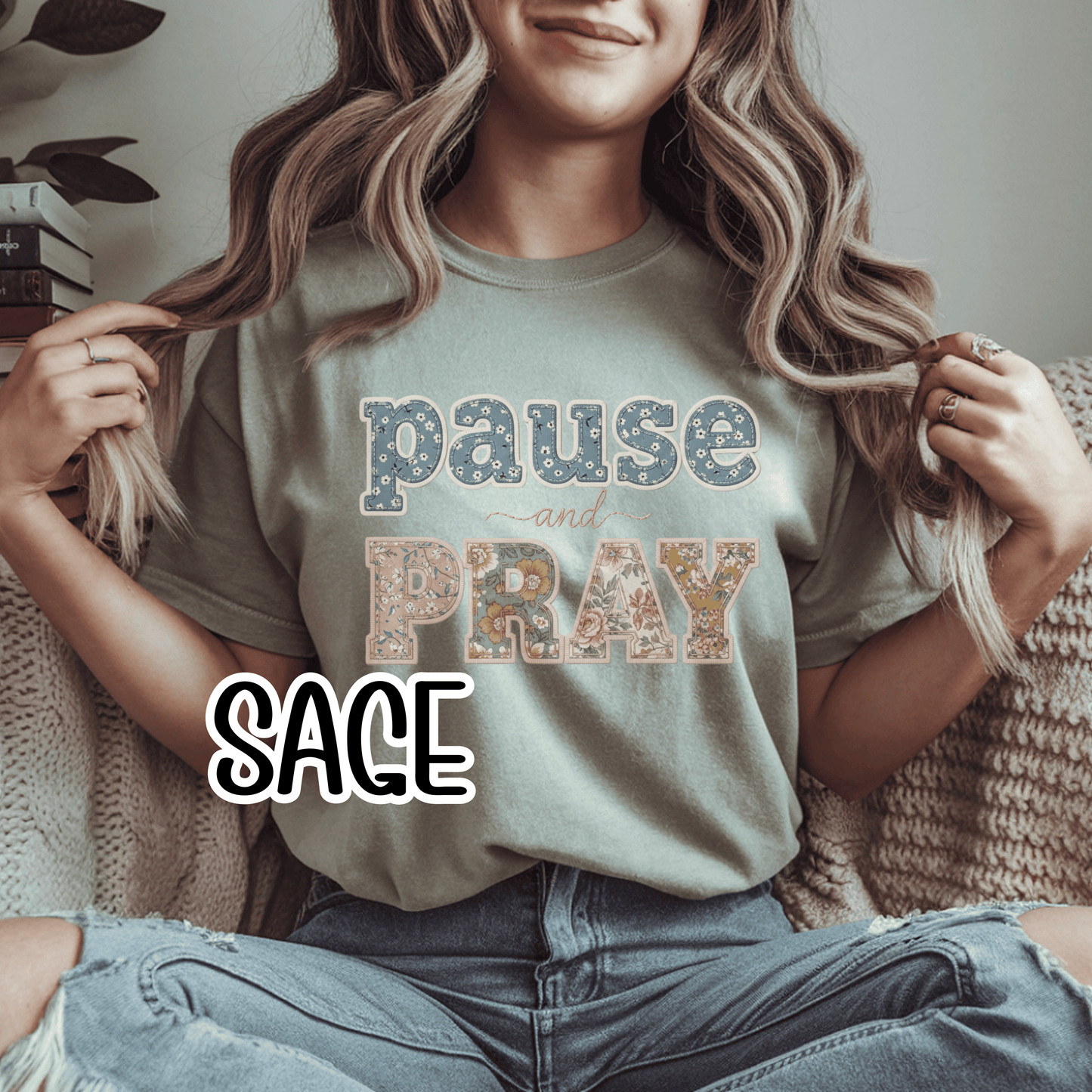 Pause and Pray Feux Patchwork Floral Scripture Tshirt • Vintage Cottagecore Christian Apparel for Women • Feminine Faith Aesthetic Tee