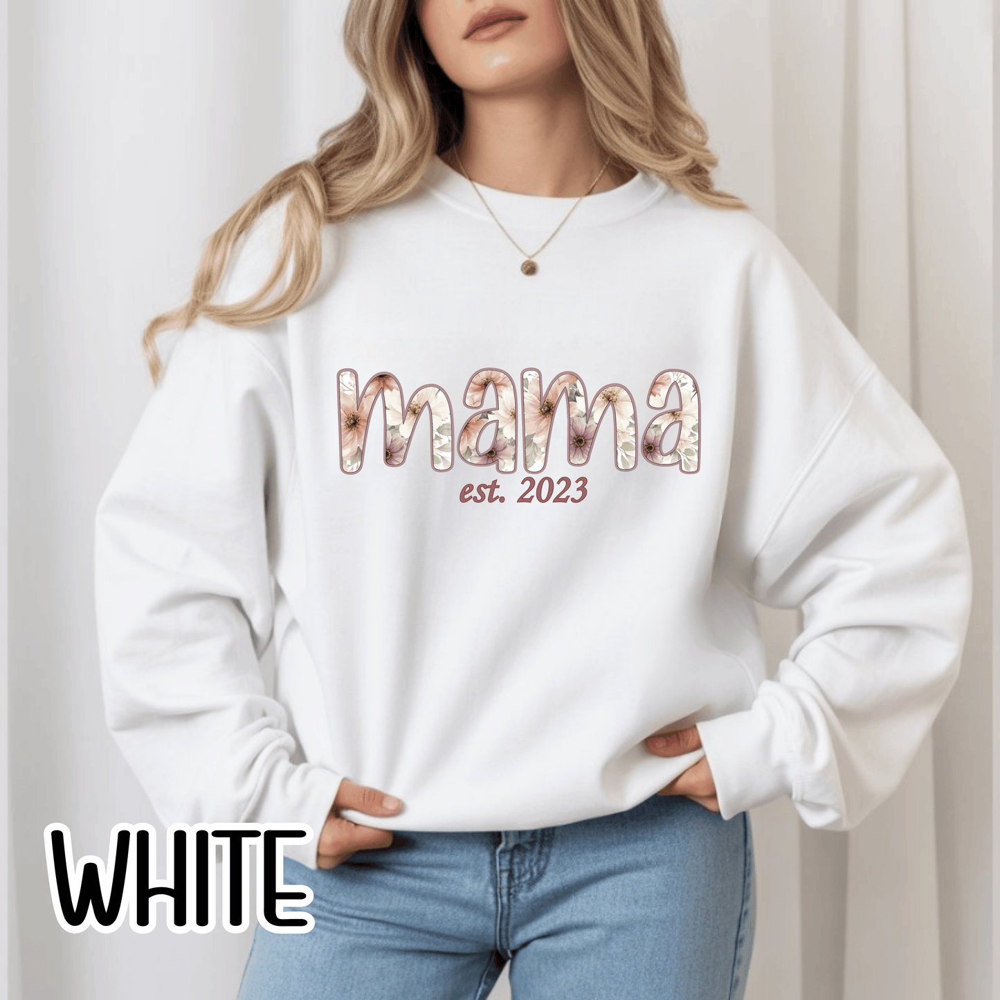 Personalized Mama Sweatshirt • Floral Mama with EST Year • Custom Kids Names Sleeve • Spring Wildflower Mom Crewneck