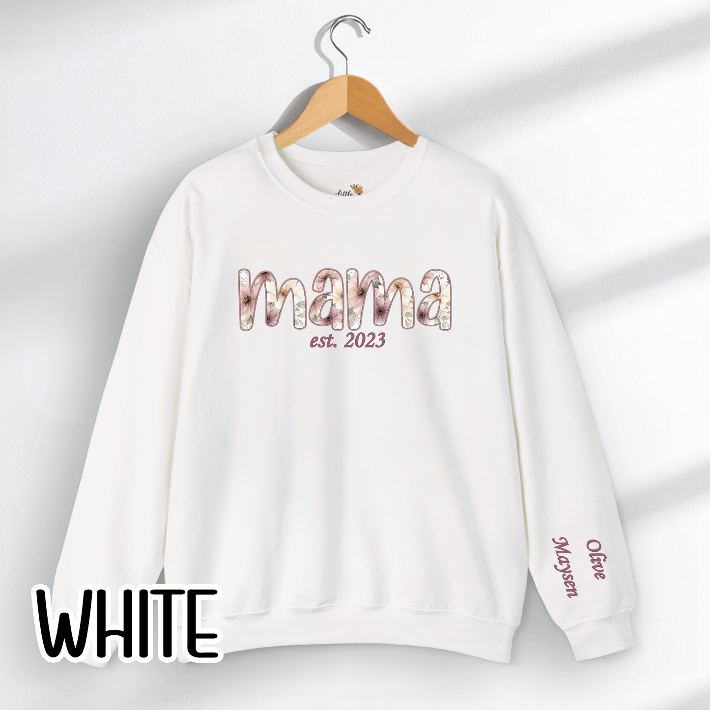 Personalized Mama Sweatshirt • Floral Mama with EST Year • Custom Kids Names Sleeve • Spring Wildflower Mom Crewneck