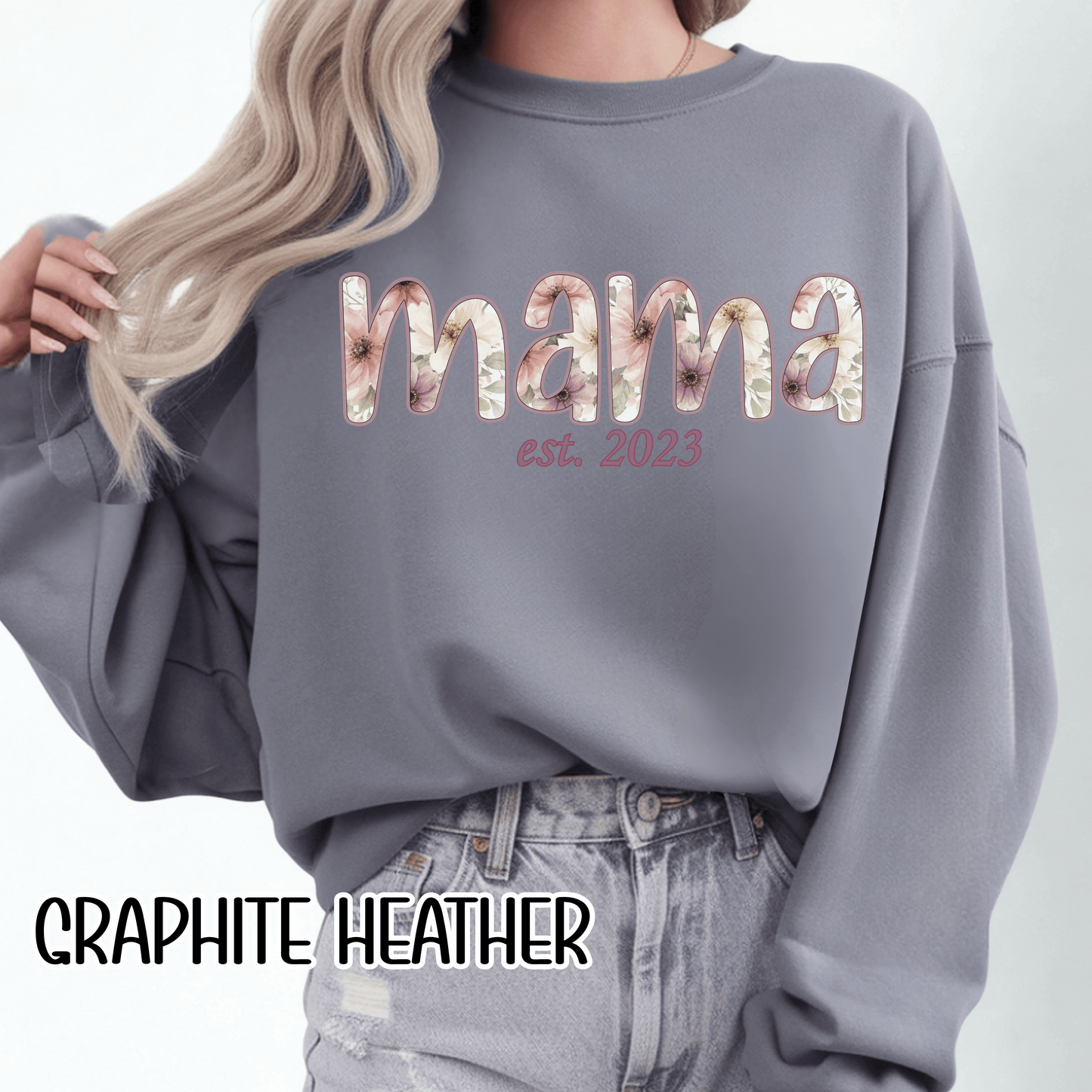 Personalized Mama Sweatshirt • Floral Mama with EST Year • Custom Kids Names Sleeve • Spring Wildflower Mom Crewneck