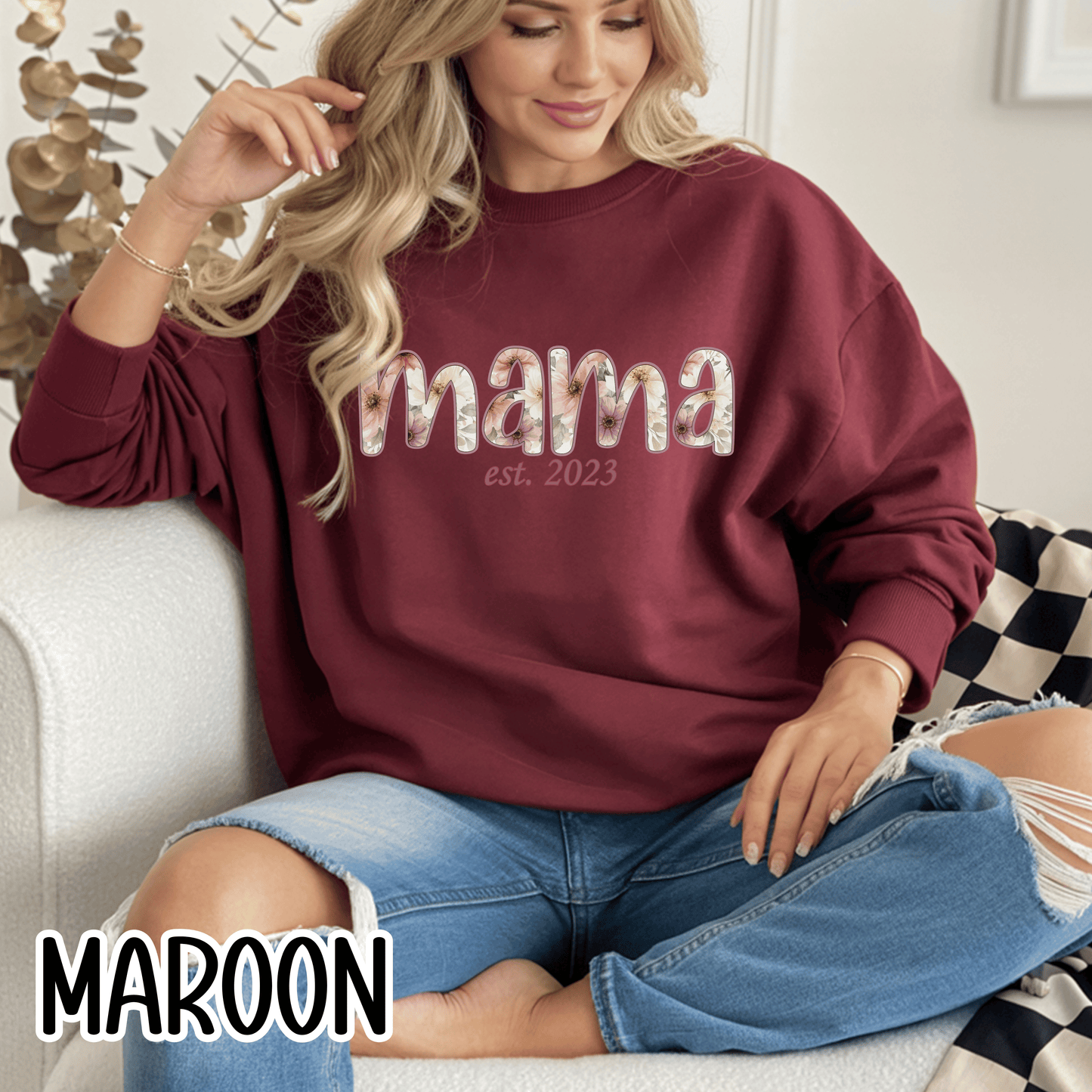 Personalized Mama Sweatshirt • Floral Mama with EST Year • Custom Kids Names Sleeve • Spring Wildflower Mom Crewneck