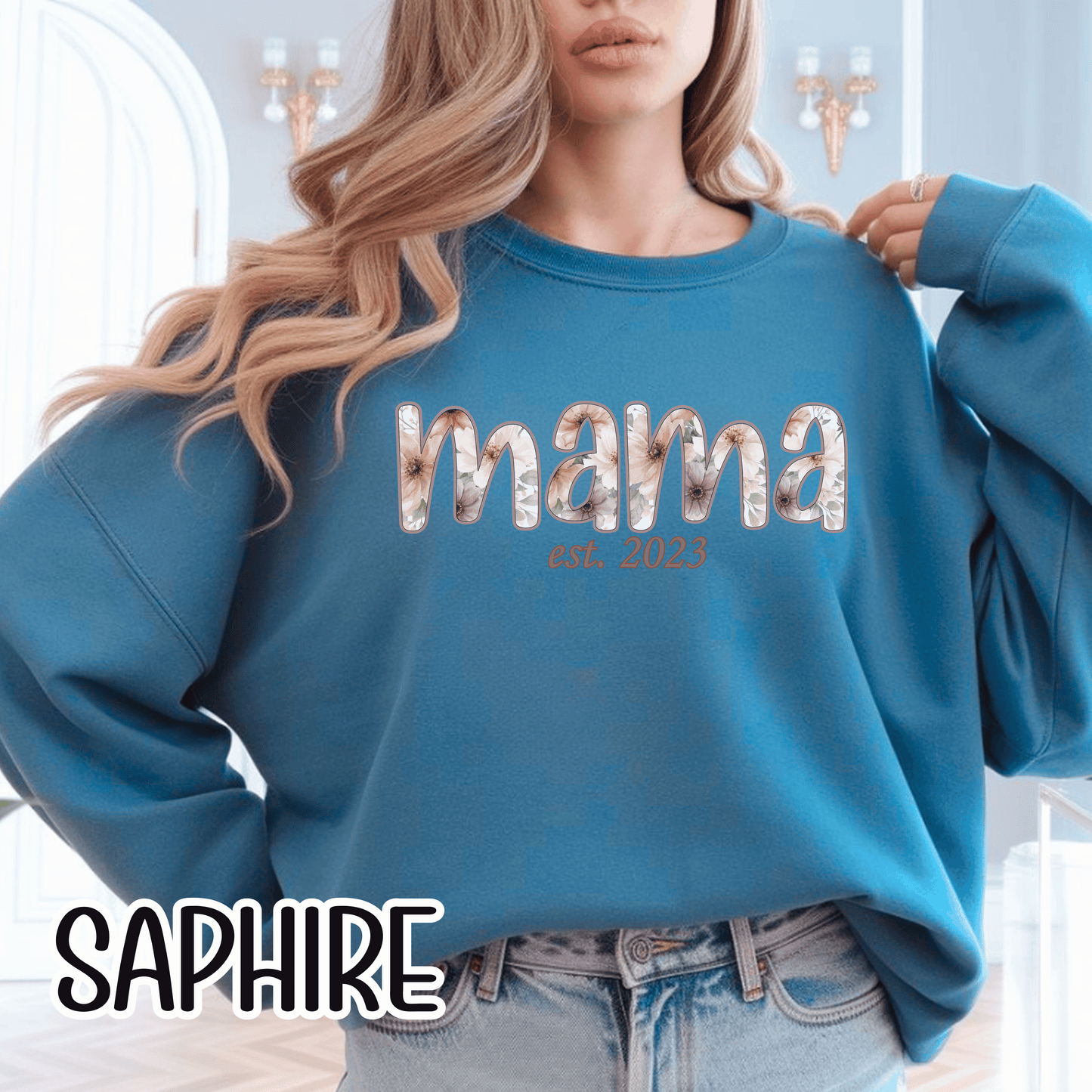 Personalized Mama Sweatshirt • Floral Mama with EST Year • Custom Kids Names Sleeve • Spring Wildflower Mom Crewneck