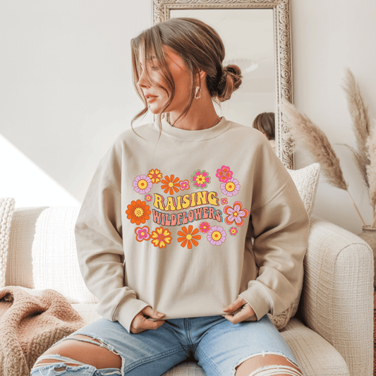 Raising Wildflowers Retro Floral Graphic Sweatshirt • Groovy 70s Daisy Design for Moms • Vintage Feminine Boutique Aesthetic