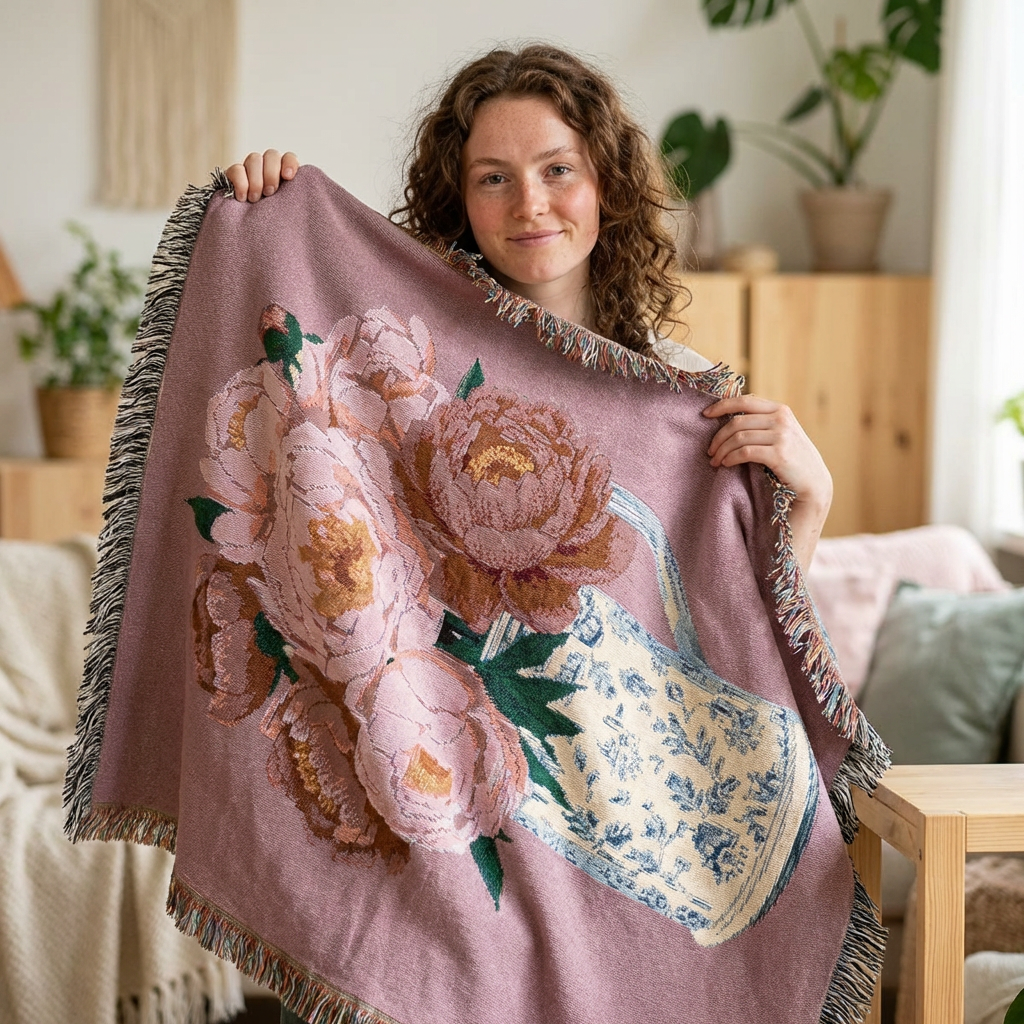 Peony Woven Blanket — Floral Cozy Throw for Living Room & Bedroom