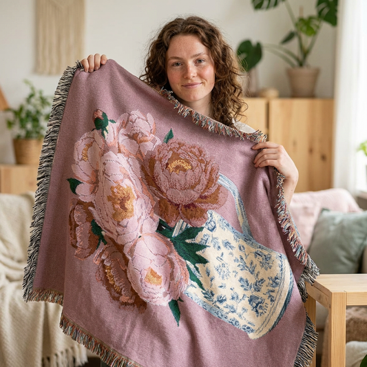 Peony Woven Blanket — Floral Cozy Throw for Living Room & Bedroom