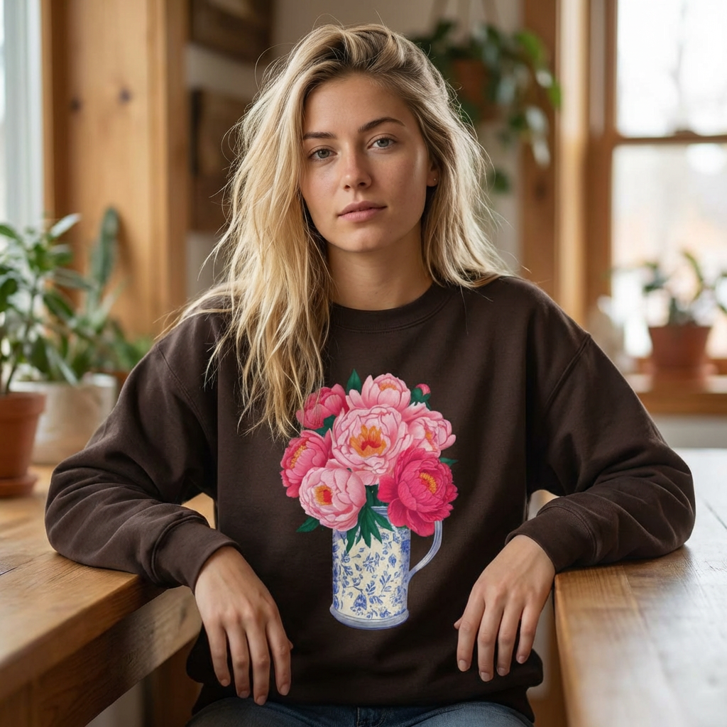 Pink Peonies in Blue Vintage Vase Floral Sweatshirt • Cottagecore Garden Bouquet Crewneck • Botanical Apparel