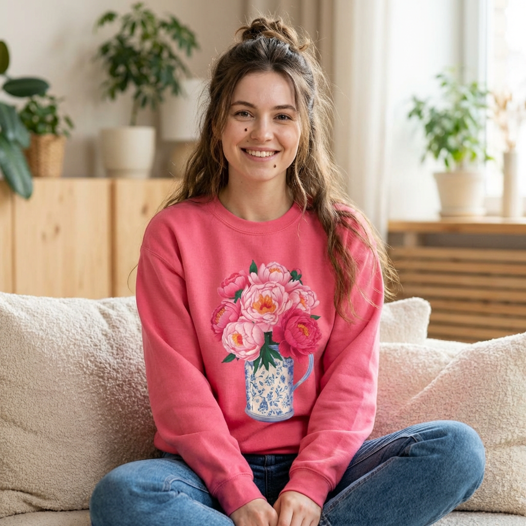 Pink Peonies in Blue Vintage Vase Floral Sweatshirt • Cottagecore Garden Bouquet Crewneck • Botanical Apparel