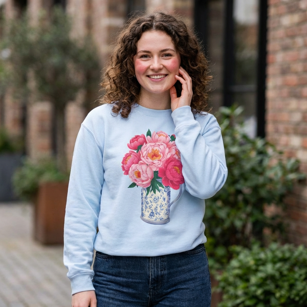 Pink Peonies in Blue Vintage Vase Floral Sweatshirt • Cottagecore Garden Bouquet Crewneck • Botanical Apparel