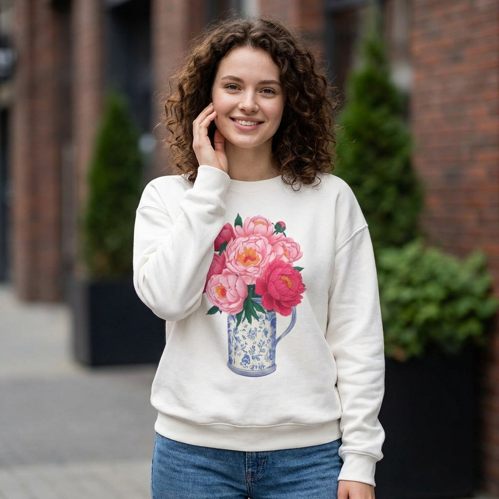 Pink Peonies in Blue Vintage Vase Floral Sweatshirt • Cottagecore Garden Bouquet Crewneck • Botanical Apparel