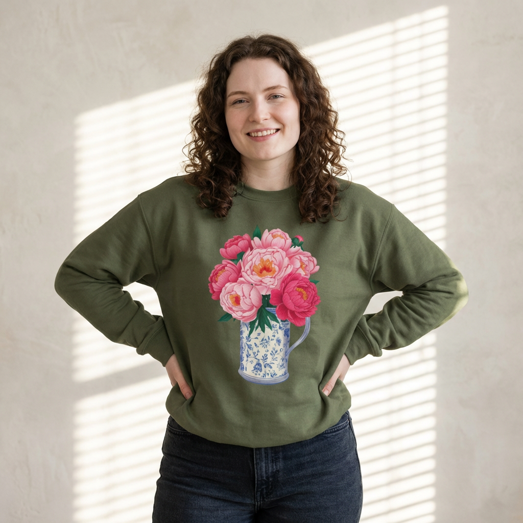 Pink Peonies in Blue Vintage Vase Floral Sweatshirt • Cottagecore Garden Bouquet Crewneck • Botanical Apparel
