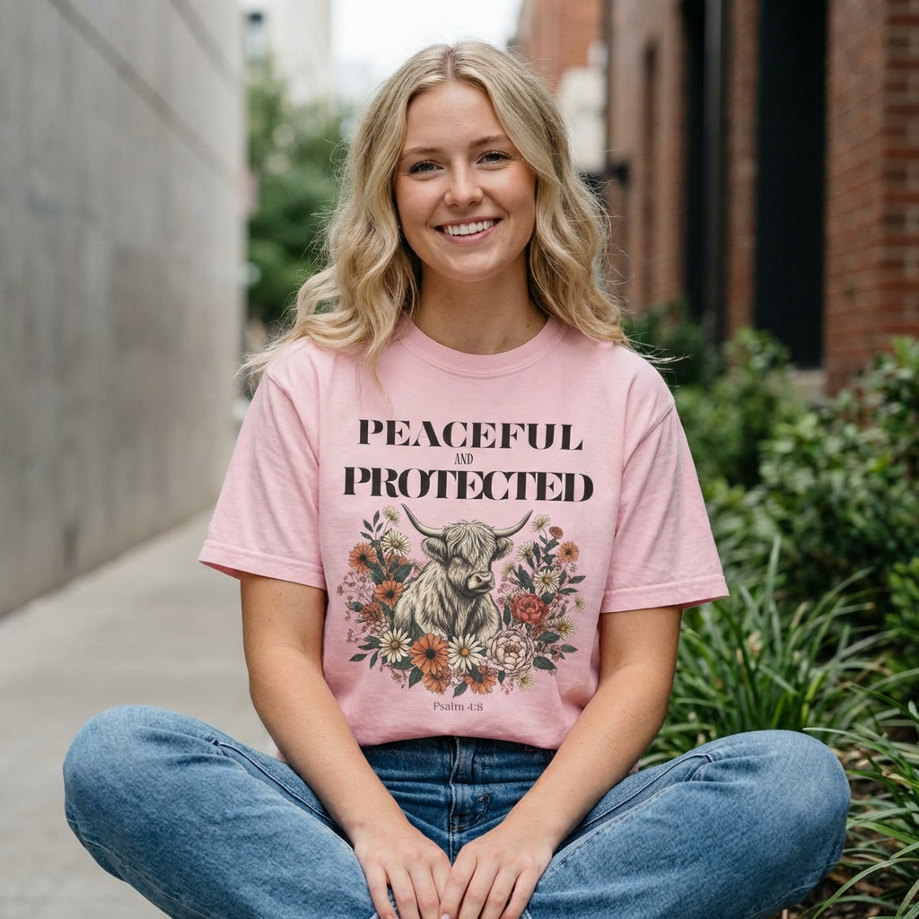 Peaceful and Protected Highland Cow Tee • Psalm 4:8 • Western Floral Faith Shirt