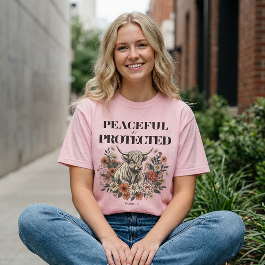 Peaceful and Protected Highland Cow Tee • Psalm 4:8 • Western Floral Faith Shirt
