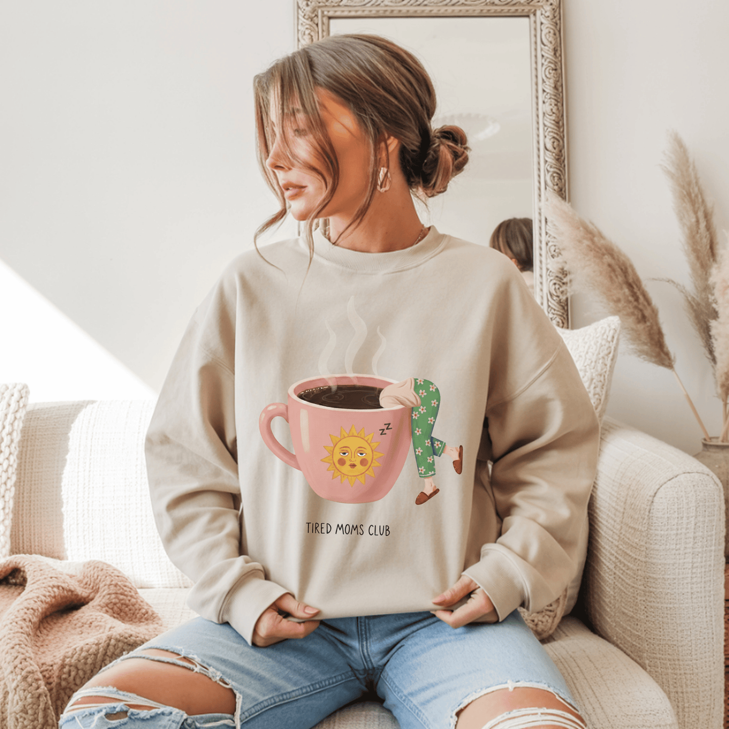 Tired Moms Club Coffee Sweatshirt • Funny Exhausted Mom Crewneck • Relatable Vintage Retro Overstimulated Motherhood
