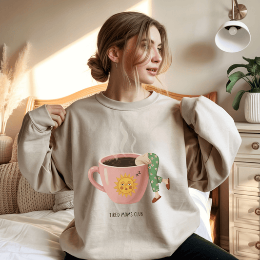 Tired Moms Club Coffee Sweatshirt • Funny Exhausted Mom Crewneck • Relatable Vintage Retro Overstimulated Motherhood