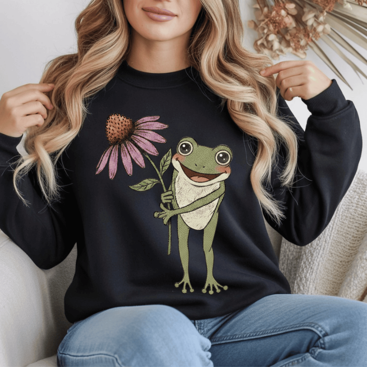 Spring Cottage Frog Sweatshirt • Whimsical Garden Wildflower Crewneck • Cottagecore Floral Pullover