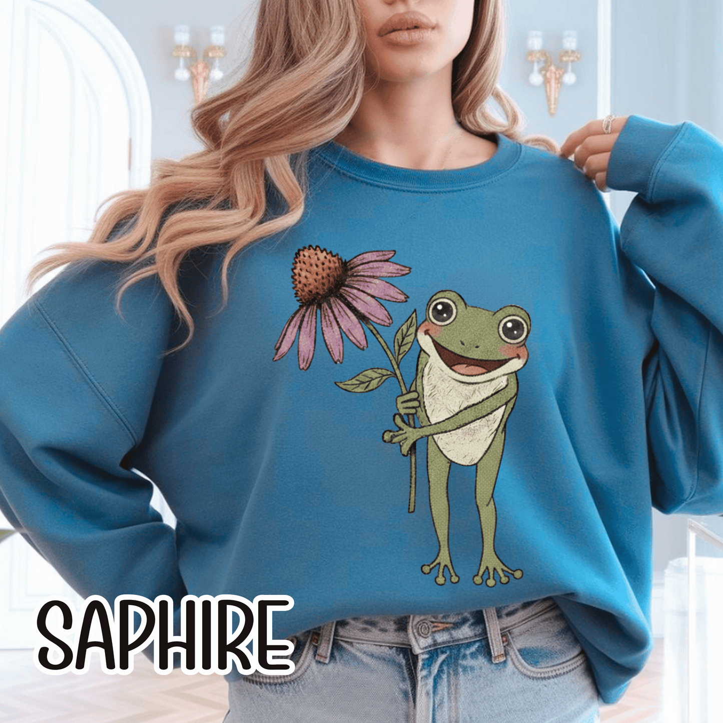 Spring Cottage Frog Sweatshirt • Whimsical Garden Wildflower Crewneck • Cottagecore Floral Pullover